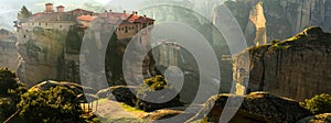 Mysterious hanging over rocks monasteries of Meteora, Greece photo