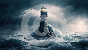 Mysterious haunted lighthouse in a stormy ocean on a tiny island. Generative AI