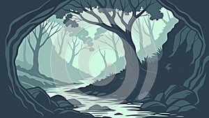 Mysterious hidden path in a deep forest, adventure and discovery, vector design Generative AI