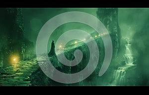 Mysterious Hooded Figure on an Ancient Stone Bridge in a Foggy Fantasy Landscape with Glowing Lights photo