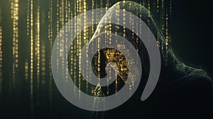 a mysterious hooded figure, in a binary code theme, against a modern dark background