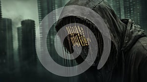 a mysterious hooded figure, in a binary code theme, against a modern dark background