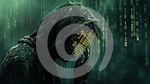 a mysterious hooded figure, in a binary code theme, against a modern dark background
