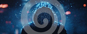 Mysterious hooded figure in digital environment with binary code