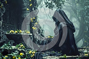 Mysterious Hooded Figure Sitting Solitarily in an Eerie Forest with Ancient Ruins and Yellow Flowers