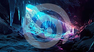 A mysterious ice cave lit up by glowing neon stalactites and stalagmites creating a dreamy atmosphere