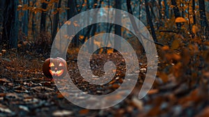 Mysterious jack-o\'-lantern placed along woodland pathway. Spooky scene. Ai Generated