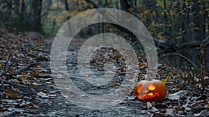 Mysterious jack-o\'-lantern placed along woodland pathway. Spooky scene. Ai Generated