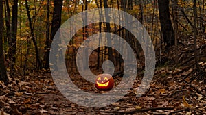 Mysterious jack-o\'-lantern placed along woodland pathway. Spooky scene. Ai Generated