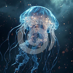 A mysterious jellyfish, bioluminescent tendrils, deep sea exploration, eerie underwater glow, 3D render, Backlights, Vignette