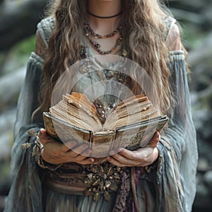 Mysterious lady presenting an old book