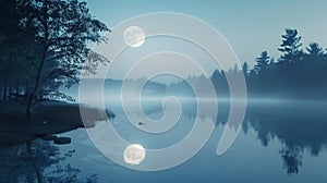 A mysterious lake its calm surface reflecting the glowing moon and creating an ethereal atmosphere. .