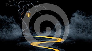 Mysterious lantern illuminating a winding path through foggy darkness