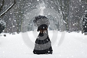 Mysterious lonely woman in Victorian dress