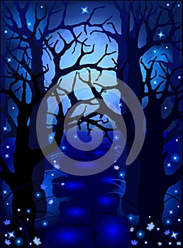 Mysterious magic forest in the moonlight