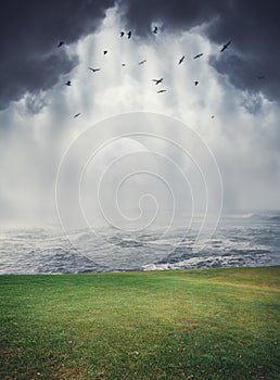 Mysterious magic landscape with meadow, sea, clouds and moon