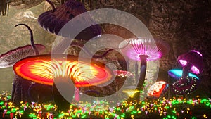 Mysterious magical cave with magical glowing growing mushrooms. The concept of magical mysterious mushrooms. 3D