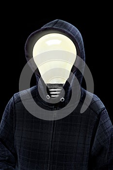 Mysterious Man in Hoodie With Light Bulb on His Head