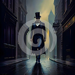 Mysterious man with top hat and king coat walking through London at night