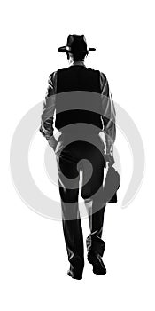 mysterious man walking away and holding a briefcase. noir concept of a private detective walking away. Isolated transparent PNG.