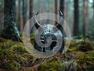 Mysterious medieval helmet in the forest