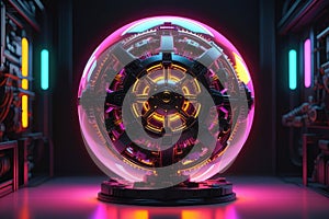 A mysterious metal sphere with neon lights, horizontal composition