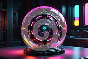 A mysterious metal sphere with neon lights, horizontal composition