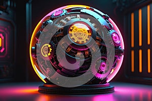 A mysterious metal sphere with neon lights, horizontal composition
