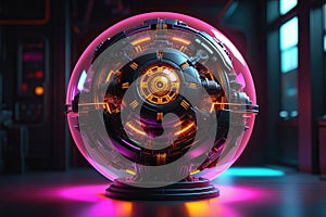 A mysterious metal sphere with neon lights, horizontal composition