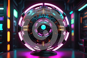 A mysterious metal sphere with neon lights, horizontal composition