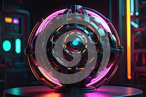 A mysterious metal sphere with neon lights, horizontal composition