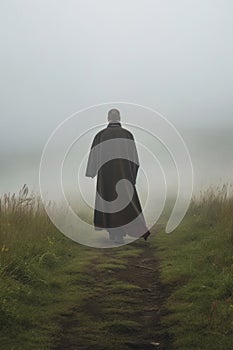 a mysterious monk walking away. contemplation and meditation.