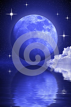 Mysterious moon and stars over water