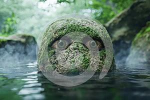 Mysterious moss-covered creature in forest stream
