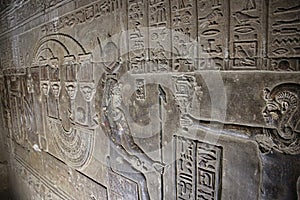 Mysterious murals on the walls of the Temple of Dendera Hathor , near the city of Ken