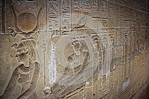 Mysterious murals on the walls of the Temple of Dendera Hathor , near the city of Ken