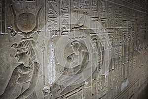 Mysterious murals on the walls of the Temple of Dendera Hathor , near the city of Ken