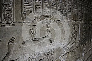 Mysterious murals on the walls of the Temple of Dendera Hathor , near the city of Ken