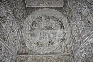 Mysterious murals on the walls of the Temple of Dendera Hathor , near the city of Ken