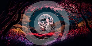Mysterious mystical forest in the night light of the moon. Generative AI