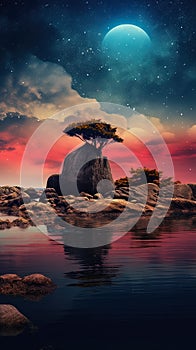 Mysterious and mystical seascape with rocky island, blue sea and yellow sky, grunge style poster. AI generated
