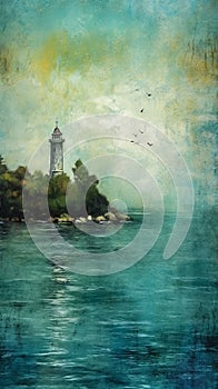 Mysterious and mystical seascape with rocky island, lighthouse, blue sea and yellow sky, grunge style poster. AI generated