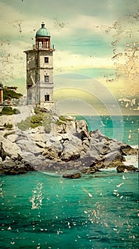 Mysterious and mystical seascape with rocky island, lighthouse, blue sea and yellow sky, grunge style poster. AI generated