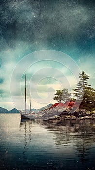 Mysterious and mystical seascape with rocky island, blue sea and yellow sky, grunge style poster. AI generated