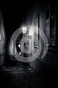 Mysterious narrow alley with lanterns