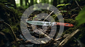 Mysterious Orange Knife In Forest: Adventure Themed Photography