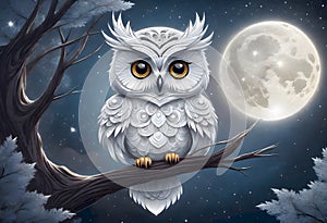 Mysterious Owl Against Moonlit Night Sky with Nocturnal Theme, Generative AI