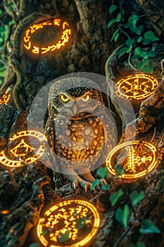 Mysterious Owl Illuminated by Enigmatic Glowing Runes in a Fantastical Forest Setting, Magical Wildlife Concept, Dark Fantasy