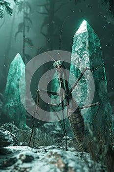 Mysterious Praying Mantis Emerging from Foggy Forest with Glowing Crystals Surreal Wildlife Fantasy Scene