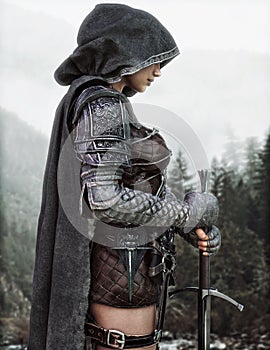 Mysterious Ranger warrior female wearing a hooded cape and leather armor preparing for her journey.